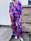 Milano Blue Pink Floral Straight Leg Silky Trouser