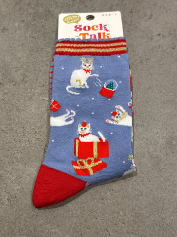 Sock Talk Xmas Cat Women’s Blue Socks