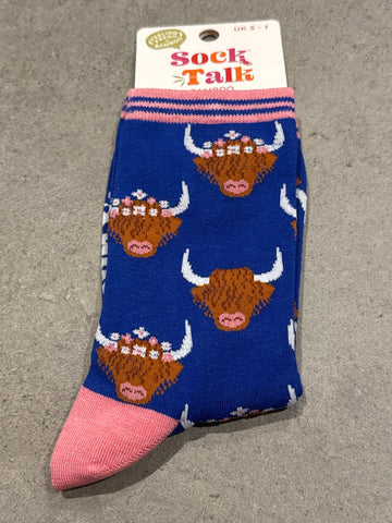 Sock Talk Highland Cow Women’s Blue Socks