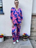 Milano Blue Pink Floral Straight Leg Silky Trouser