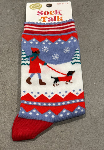 Sock Talk Xmas Dog Walk Women’s Blue Socks