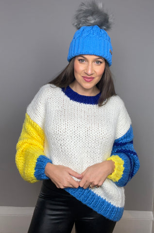 FRNCH Blue, White & Yellow Chunky Knitted Sweater