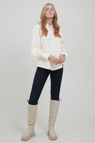 Byoung Cream Woven Blouse With Pearl Buttons