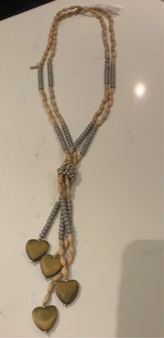 Envy Natural & Grey Wooden Beaded Long Necklace with Hearts